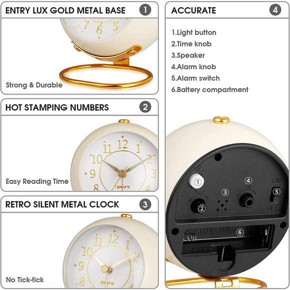 Metal Desk Clock, Retro Bedroom Table Vintage Analog Alarm Clock, Silent Non-Tic - Picture 3 of 6